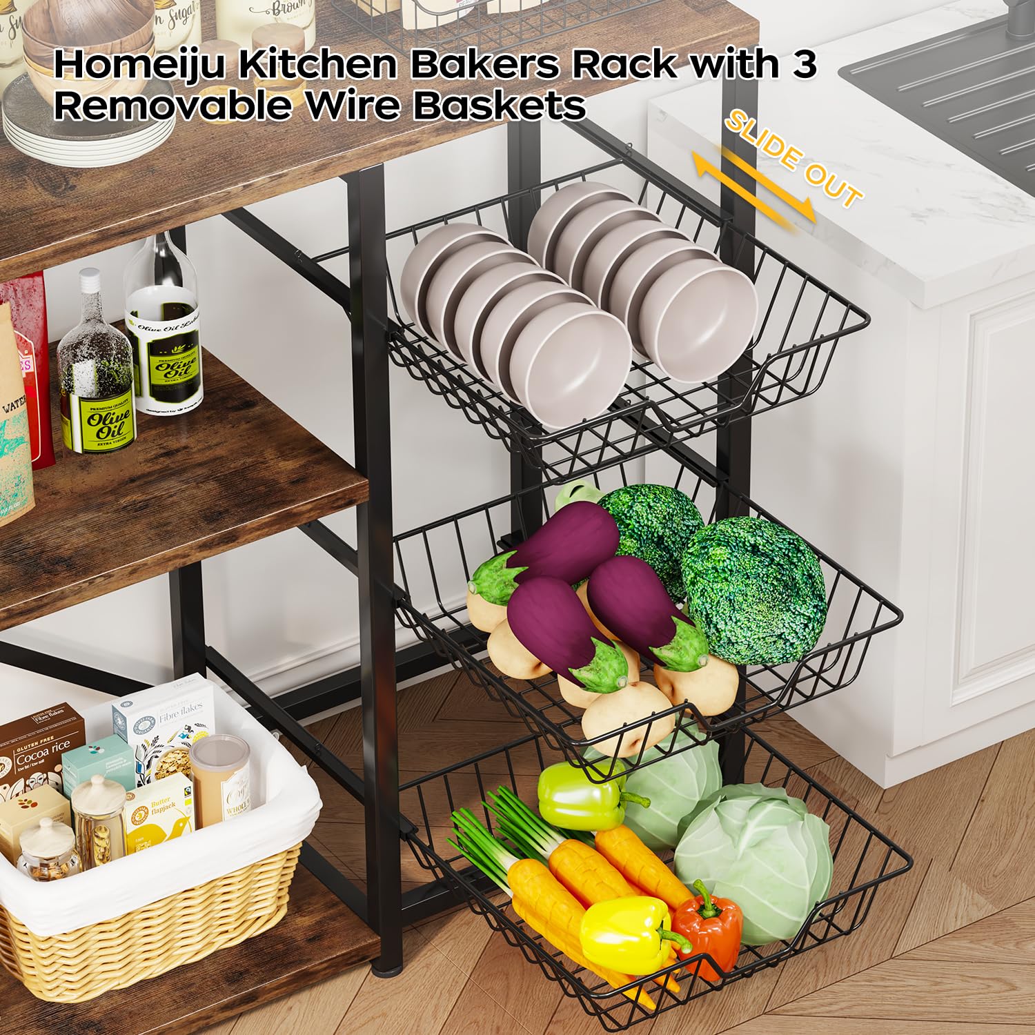 Homeiju Kitchen Island, Baker's Rack with Power Outlet, Microwave Stand, Coffee Bar with 3 Removable Wire Baskets, Kitchen Storage Rack with 6 S-Hooks for Spices, Pots and Pans - Rustic Brown