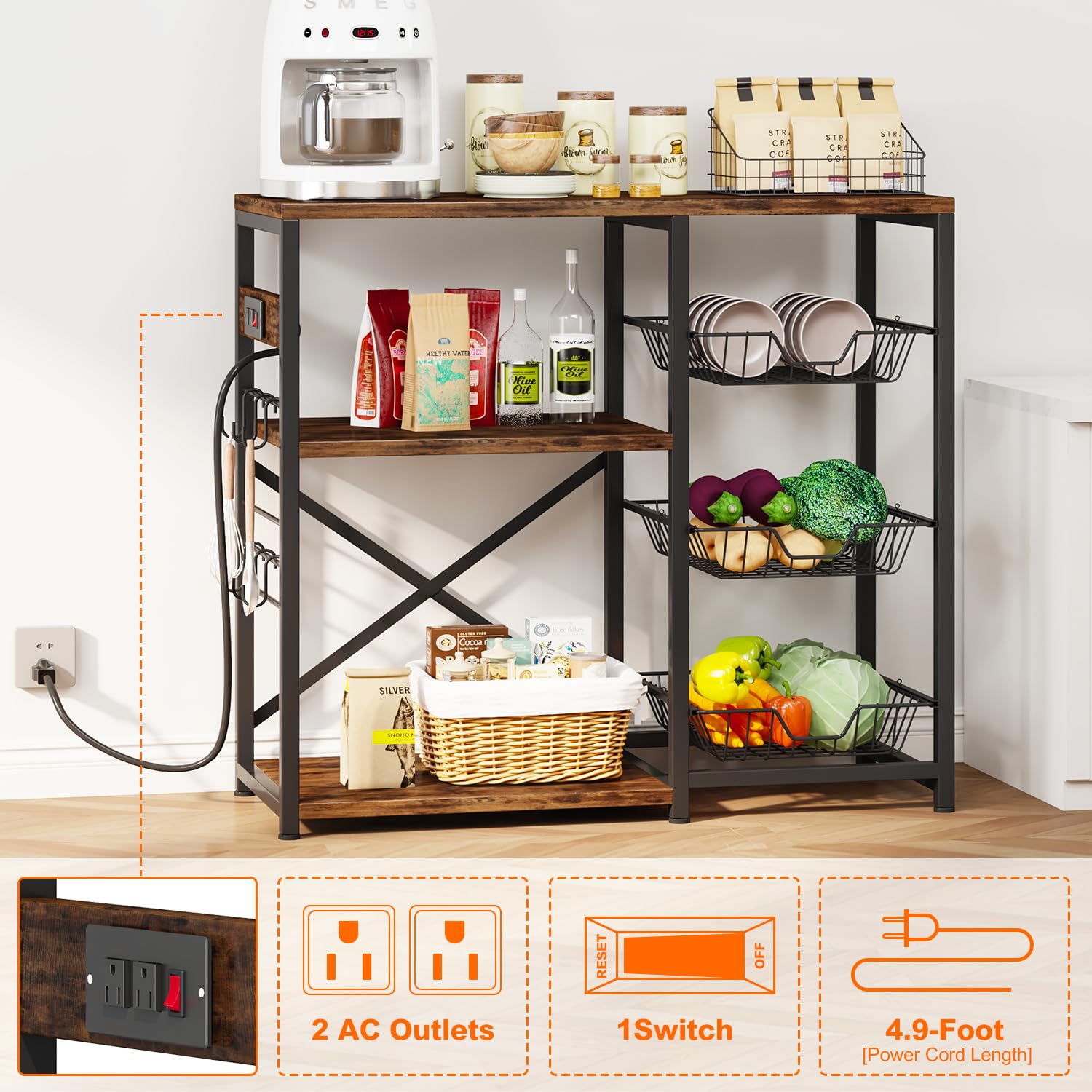 Homeiju Kitchen Island, Baker's Rack with Power Outlet, Microwave Stand, Coffee Bar with 3 Removable Wire Baskets, Kitchen Storage Rack with 6 S-Hooks for Spices, Pots and Pans - Rustic Brown