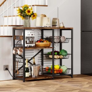 Homeiju Kitchen Island, Baker's Rack with Power Outlet, Microwave Stand, Coffee Bar with 3 Removable Wire Baskets, Kitchen Storage Rack with 6 S-Hooks for Spices, Pots and Pans - Rustic Brown