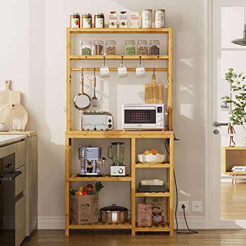 FORABAMB Bakers Rack with Power Outlets, 8-Tier Microwave Stand, Kitchen Utility Storage Shelf 10 S-Shaped Hooks, Coffee Bar Table Station, Standing Rack, 31.5 x 15.7 x 65 Inches, Bamboo