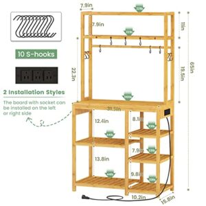 FORABAMB Bakers Rack with Power Outlets, 8-Tier Microwave Stand, Kitchen Utility Storage Shelf 10 S-Shaped Hooks, Coffee Bar Table Station, Standing Rack, 31.5 x 15.7 x 65 Inches, Bamboo