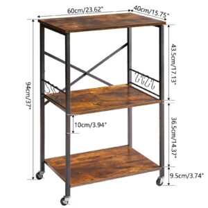 IBUYKE Kitchen Shelf Cart, 3-Tier Microwave Oven Stand, Baker’s Rack with Metal Frame and 8 Hooks, Industrial Printer Stand, Utility Standing Storage Shelf for Coffee Bar, Simple Assembly, TMJ023H