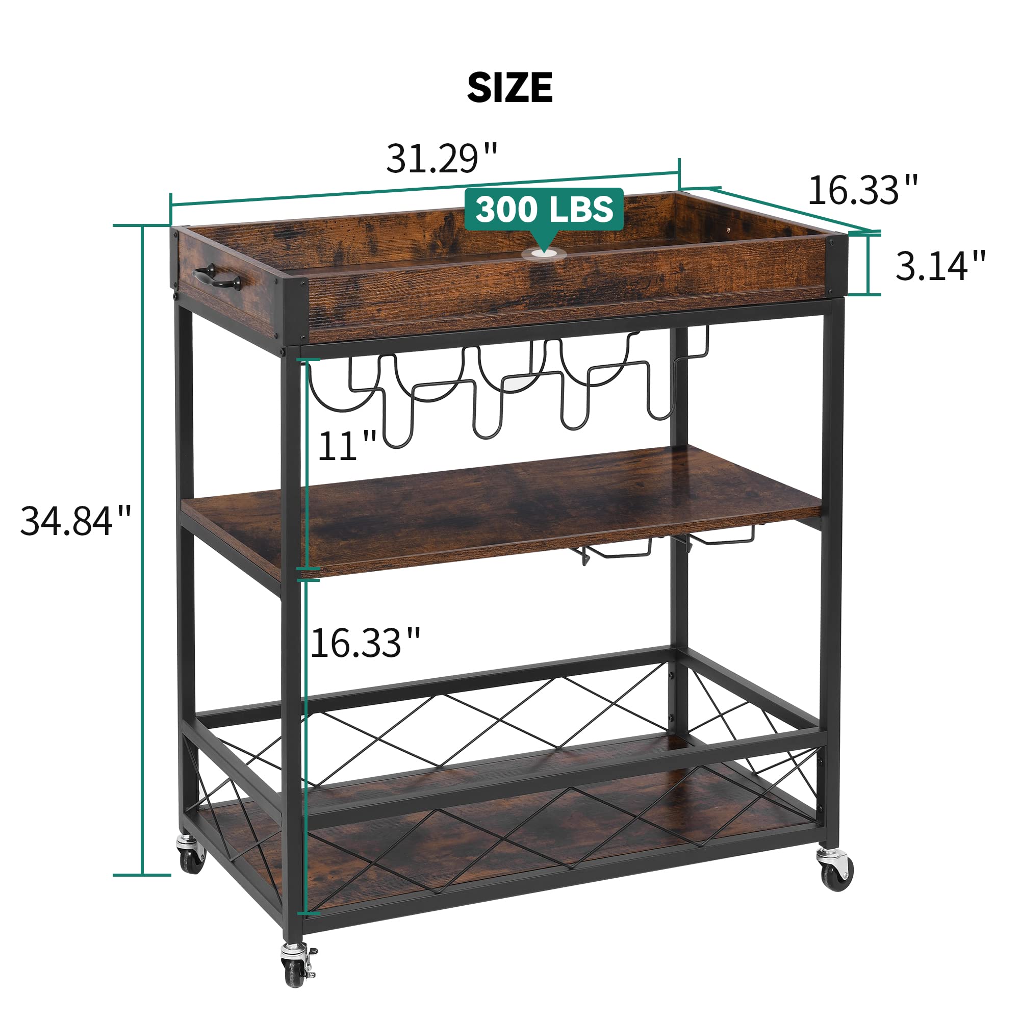 YITAHOME Industrial Bar Carts for The Home, Mobile Serving Cart on Wheels with Removable Wood Top Container, 3-Tier Kitchen Cart with Wine Rack Glasses Holder, Rustic Brown