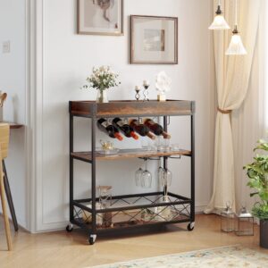 YITAHOME Industrial Bar Carts for The Home, Mobile Serving Cart on Wheels with Removable Wood Top Container, 3-Tier Kitchen Cart with Wine Rack Glasses Holder, Rustic Brown