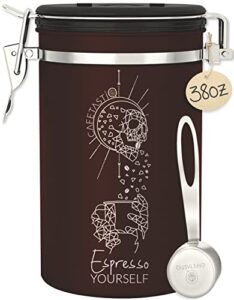 cafetastiq coffee canister - large 22oz airtight coffee container for storage with date dial and release valve - accessories scoop (gray morning)