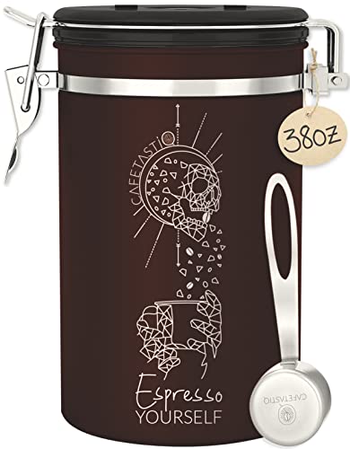 CafetastiQ Coffee Canister - Large 22oz Airtight Coffee Container for Storage with Date Dial and Release Valve - Accessories Scoop (Gray Morning)