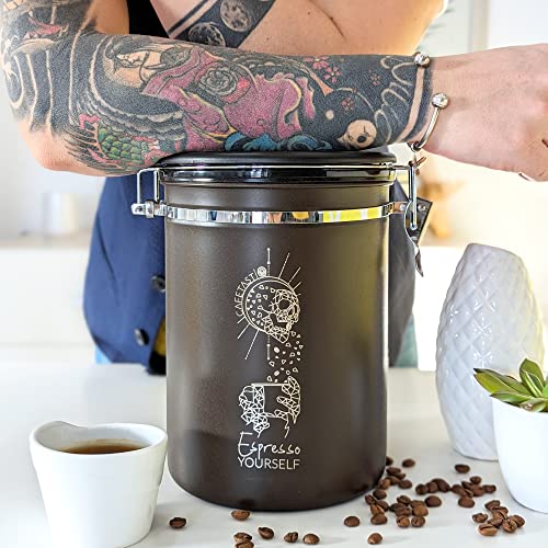 CafetastiQ Coffee Canister - Large 22oz Airtight Coffee Container for Storage with Date Dial and Release Valve - Accessories Scoop (Gray Morning)