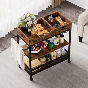 IDEALHOUSE 3 Tier Bar Carts for The Home, Rustic Brown Bar Cart with Wheels, Two Portable Trays, Wine Rack, Glasses Holder, Industrial Serving Cart for Kichen, Living Room, Dining Room