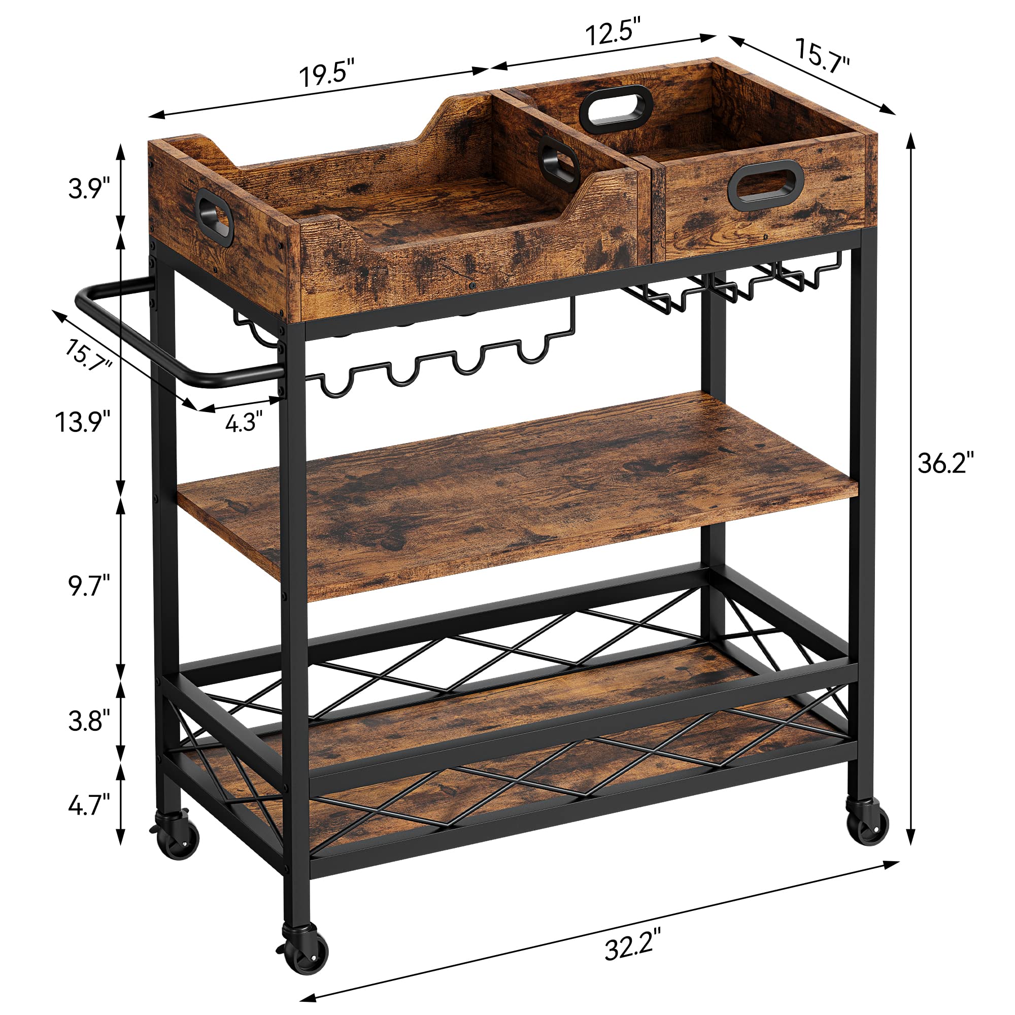 IDEALHOUSE 3 Tier Bar Carts for The Home, Rustic Brown Bar Cart with Wheels, Two Portable Trays, Wine Rack, Glasses Holder, Industrial Serving Cart for Kichen, Living Room, Dining Room