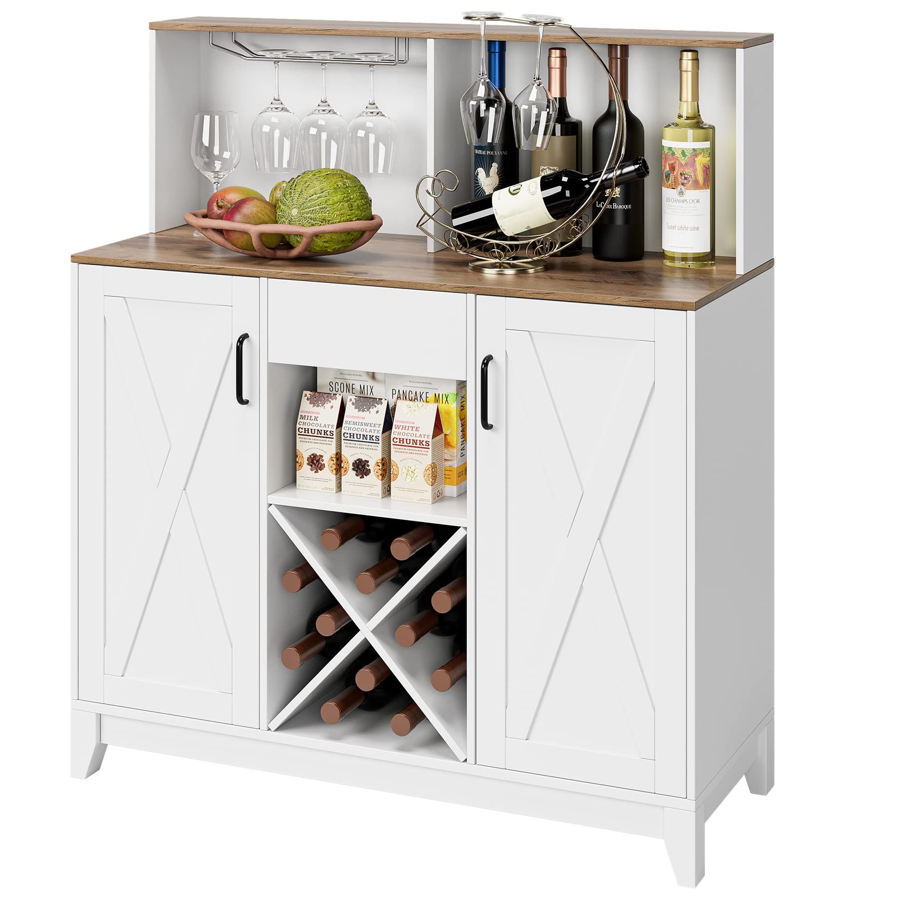 HOSTACK Modern Farmhouse Coffee Bar Cabinet, Barn Doors Wine Liquor Bar Cabinet with Storage Hutch, Kitchen Sideboard Buffet with Drawer | Shelves | Wine & Glass Rack for Home Office, White