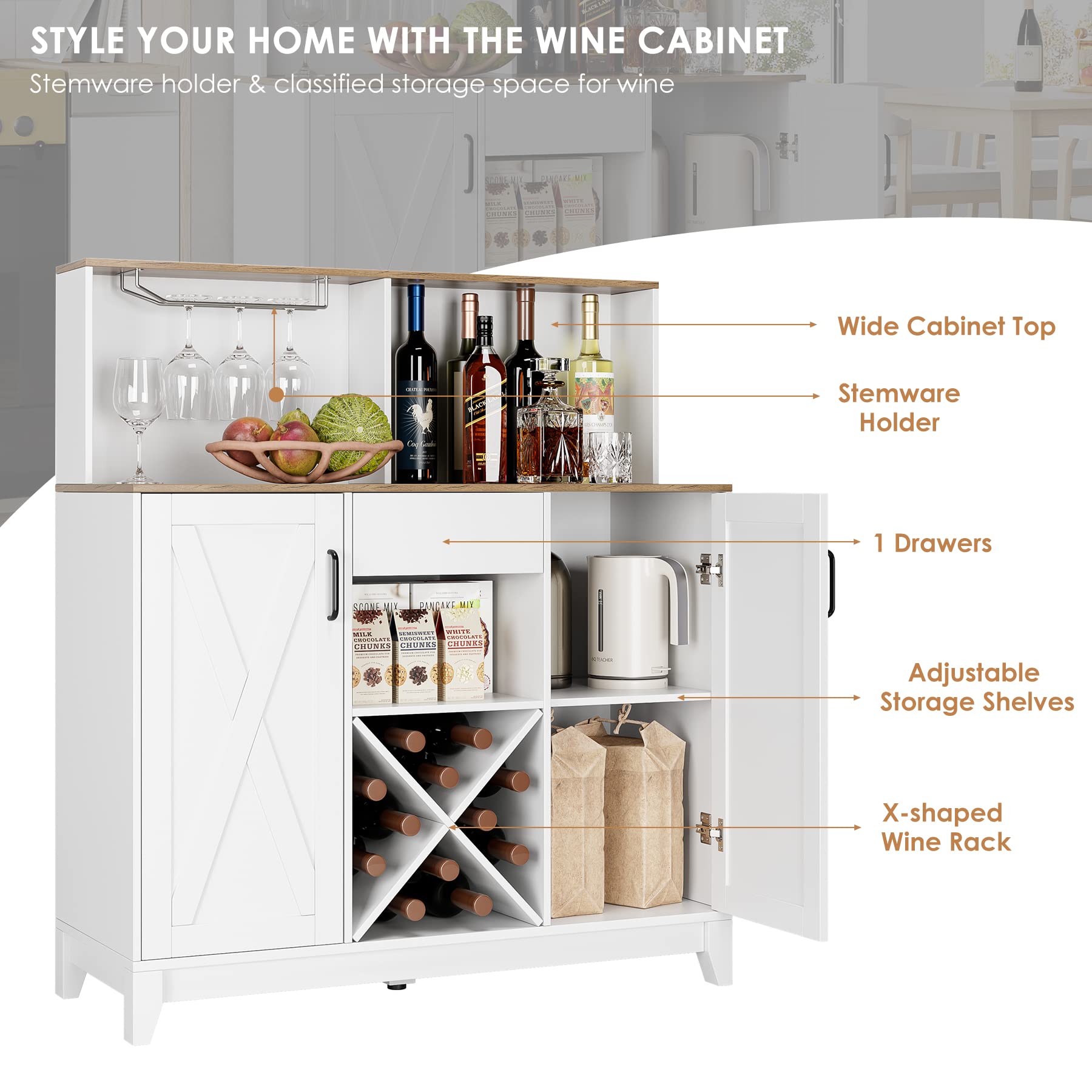 HOSTACK Modern Farmhouse Coffee Bar Cabinet, Barn Doors Wine Liquor Bar Cabinet with Storage Hutch, Kitchen Sideboard Buffet with Drawer | Shelves | Wine & Glass Rack for Home Office, White