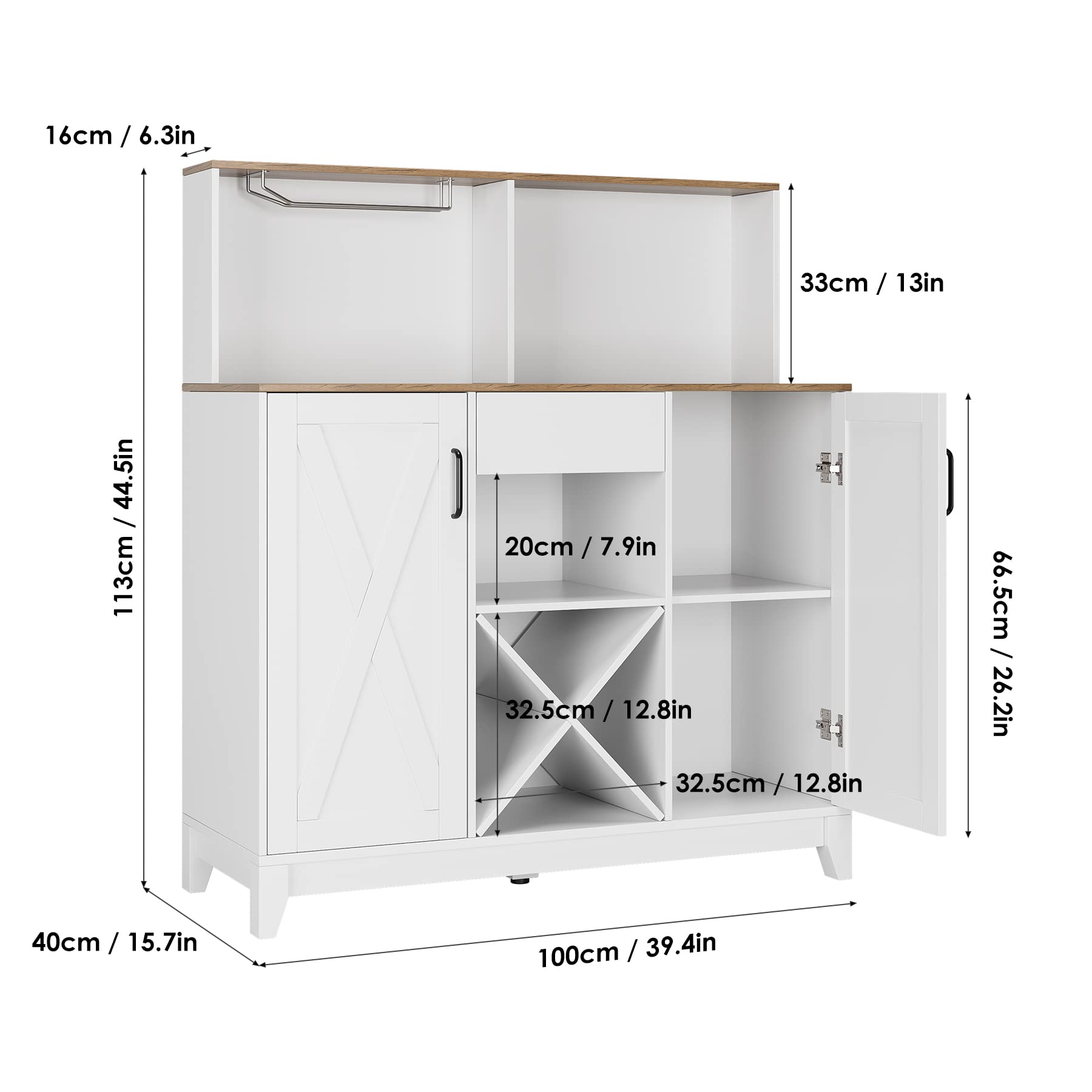 HOSTACK Modern Farmhouse Coffee Bar Cabinet, Barn Doors Wine Liquor Bar Cabinet with Storage Hutch, Kitchen Sideboard Buffet with Drawer | Shelves | Wine & Glass Rack for Home Office, White