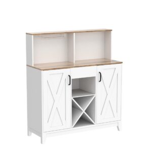 HOSTACK Modern Farmhouse Coffee Bar Cabinet, Barn Doors Wine Liquor Bar Cabinet with Storage Hutch, Kitchen Sideboard Buffet with Drawer | Shelves | Wine & Glass Rack for Home Office, White