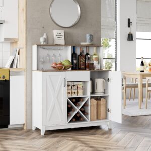 HOSTACK Modern Farmhouse Coffee Bar Cabinet, Barn Doors Wine Liquor Bar Cabinet with Storage Hutch, Kitchen Sideboard Buffet with Drawer | Shelves | Wine & Glass Rack for Home Office, White