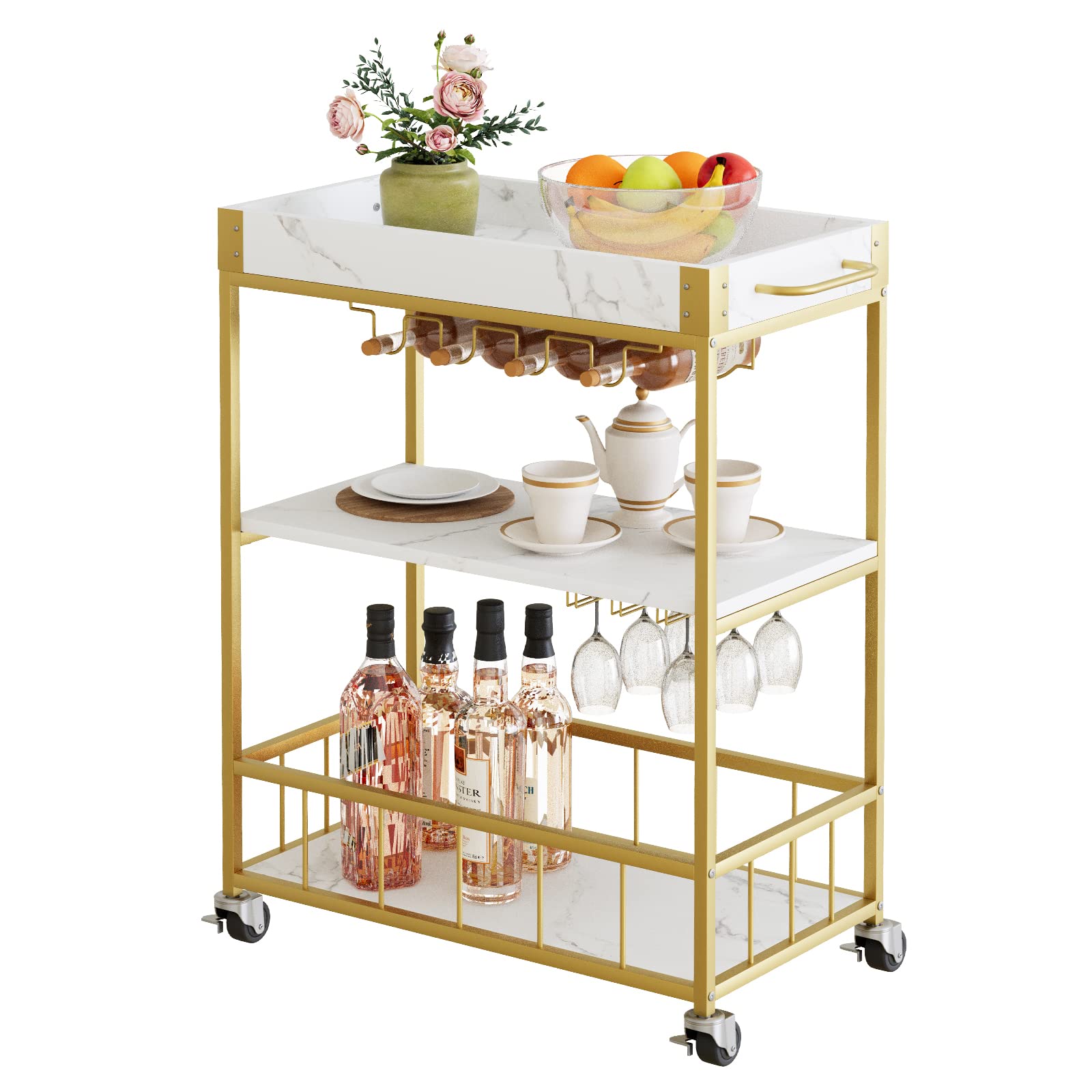 Fleecy day Bar Cart Gold,Bar Carts for The Home Mobile Bar Serving Cart, Drink Cart, Rolling Beverage Cart, Microwave Cart with Wine Rack and Glass Holder with Wheels and Metal Serving Trolley 34in