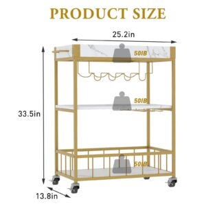 Fleecy day Bar Cart Gold,Bar Carts for The Home Mobile Bar Serving Cart, Drink Cart, Rolling Beverage Cart, Microwave Cart with Wine Rack and Glass Holder with Wheels and Metal Serving Trolley 34in