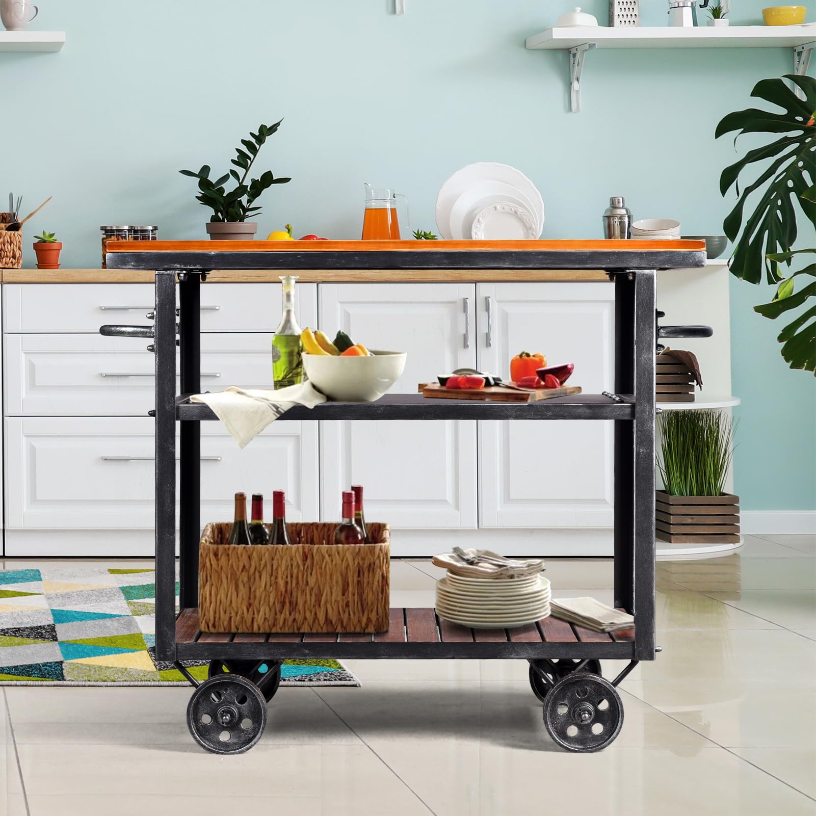 BOKKOLIK Vintage Rolling Bar Cart on Wheels Industrial Mobile Serving Cart Metal and Wood Design for Kitchen Bar Office Coffee House 36.2" Lx15.75 Wx30.5 H 3 Tier with 2 Side Handle