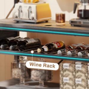 Itaar Bakers Rack with Power Outlet, 6-Tier Coffee Bar, Microwave Stand with Wine Rack, LED Lights and 10 Hooks, Bakers Racks for Kitchens with Storage, Grey