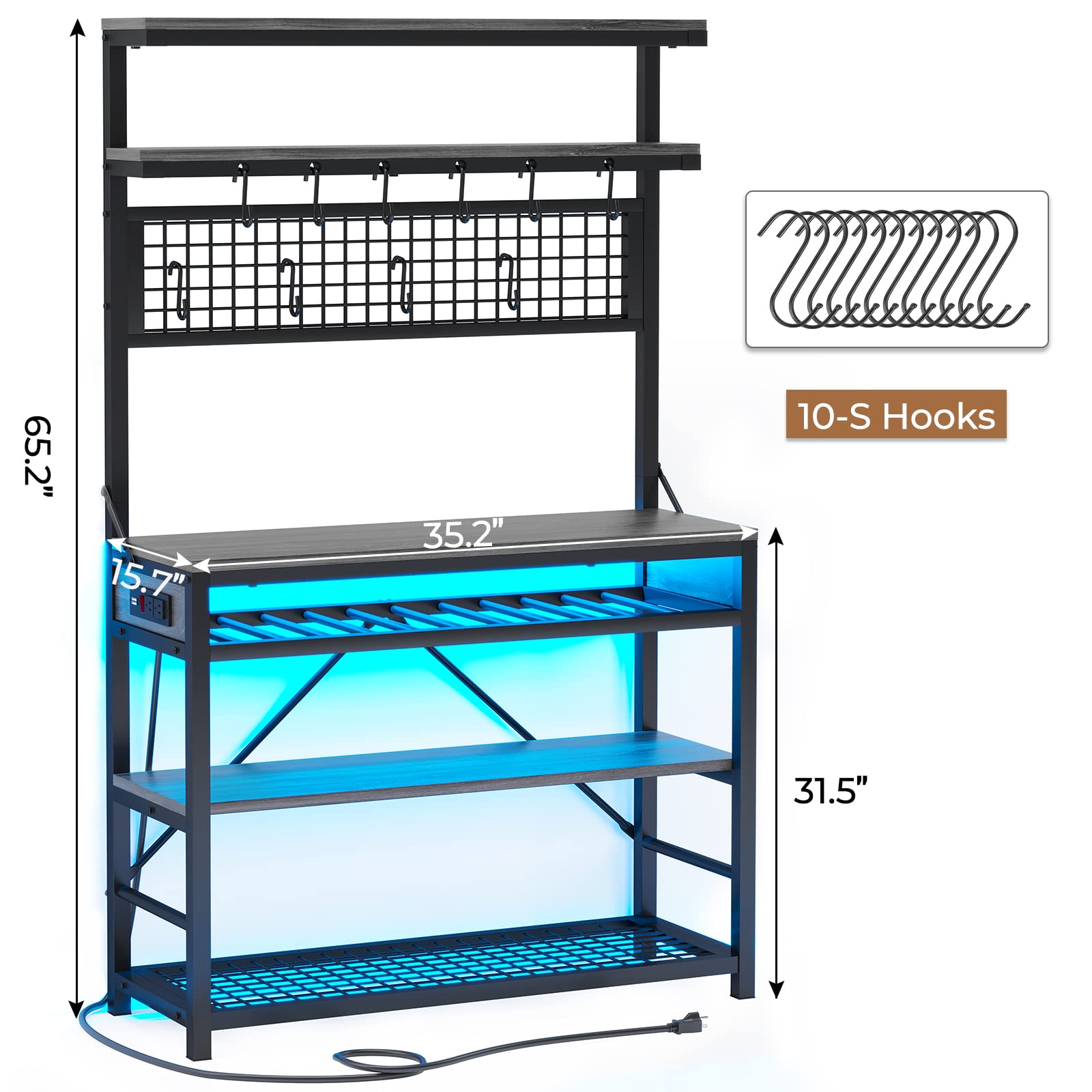 Itaar Bakers Rack with Power Outlet, 6-Tier Coffee Bar, Microwave Stand with Wine Rack, LED Lights and 10 Hooks, Bakers Racks for Kitchens with Storage, Grey