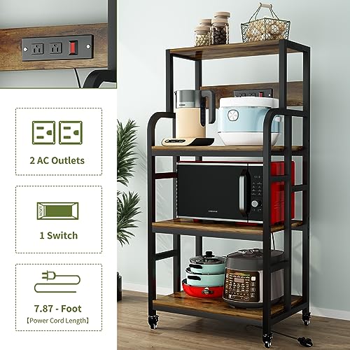 Kitchen Bakers Rack with Power Outlet ,Microwave Stand ,Coffee Bar Table 4 Tiers,Kitchen Racks And Shelves, Adjustable Coffee Bar,Kitchen Storage Shelf Rack for Spices, Pots and Pans-Rustic Brown