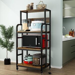 Kitchen Bakers Rack with Power Outlet ,Microwave Stand ,Coffee Bar Table 4 Tiers,Kitchen Racks And Shelves, Adjustable Coffee Bar,Kitchen Storage Shelf Rack for Spices, Pots and Pans-Rustic Brown