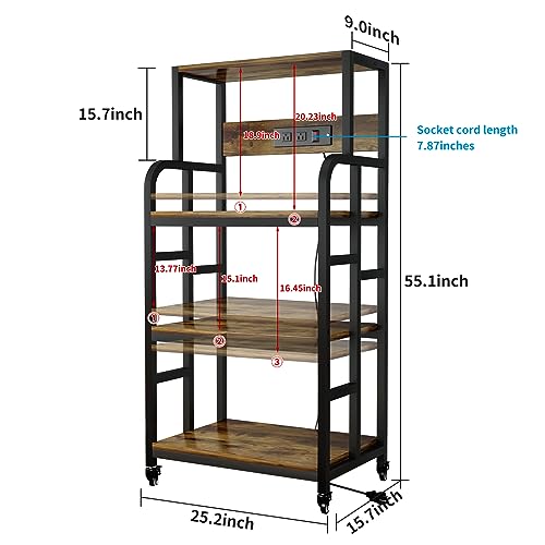 Kitchen Bakers Rack with Power Outlet ,Microwave Stand ,Coffee Bar Table 4 Tiers,Kitchen Racks And Shelves, Adjustable Coffee Bar,Kitchen Storage Shelf Rack for Spices, Pots and Pans-Rustic Brown