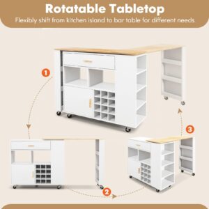 Giantex Mobile Kitchen Island Cart, 4-in-1 Reversible Serving Cart Bar Table Combo, Storage Cart on Wheels w/Rubber Wood Top, Adjustable Shelf, 12-Bottle Wine Rack, Spice Rack for Dining Room, White