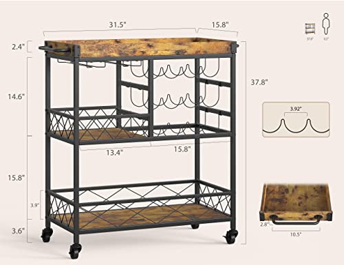 Gizoon 3 Tier 38" Home Bar Serving Cart with Large Storage Space, Mobile Kitchen Storage Trolley with Lockable Wheels, 12 Wine Rack, Glass Holder, Removable Tray (Retro)