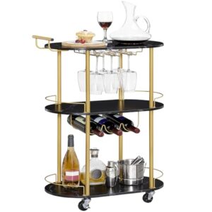 HOOBRO Bar Cart Gold, 3-Tier Home Bar Serving Cart with Lockable Wheels, Rolling Kitchen Cart with Wine Rack and Glass Holders, Mini Bar with Arc Fence for Party Marble Black and Gold DB60TC01