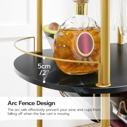 HOOBRO Bar Cart Gold, 3-Tier Home Bar Serving Cart with Lockable Wheels, Rolling Kitchen Cart with Wine Rack and Glass Holders, Mini Bar with Arc Fence for Party Marble Black and Gold DB60TC01