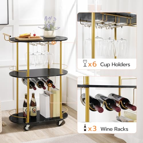 HOOBRO Bar Cart Gold, 3-Tier Home Bar Serving Cart with Lockable Wheels, Rolling Kitchen Cart with Wine Rack and Glass Holders, Mini Bar with Arc Fence for Party Marble Black and Gold DB60TC01