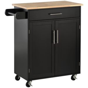 homcom kitchen island cart rolling trolley cart with drawer, storage cabinet & towel rack, black