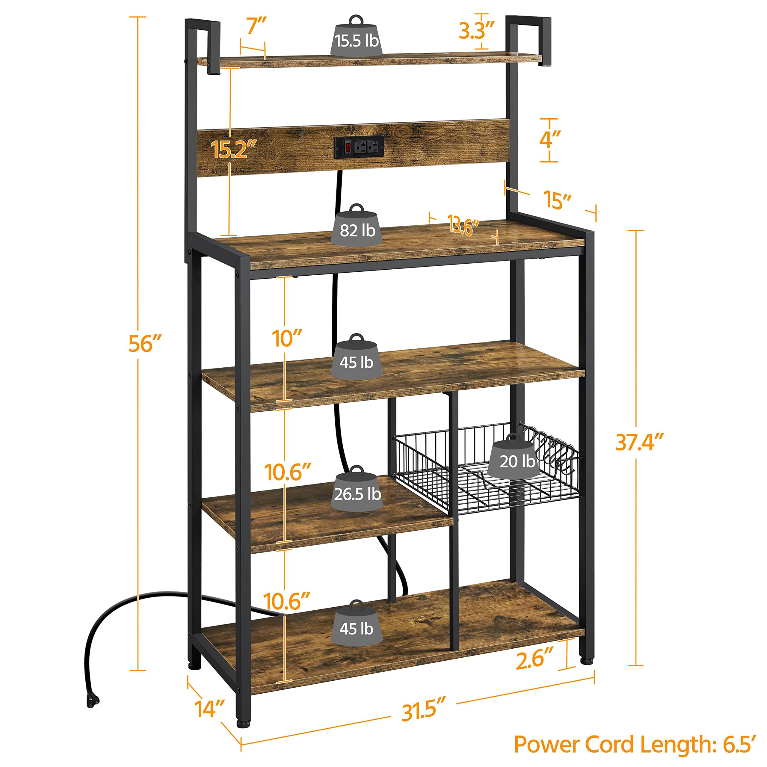 Yaheetech Bakers Rack with Power Outlet, Microwave Stand with Wire Basket & 6 S-Hooks, Coffee Bar Station w/5-Tier Storage Shelves, Storage Shelf Unit for Dinning Room/Living Room, Rustic Brown