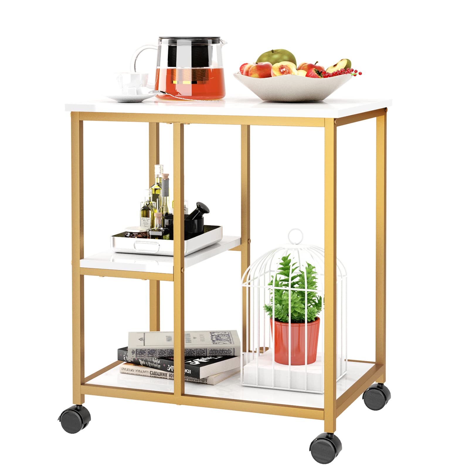 SogesHome Gold Bar Cart, Utility Bar Serving Cart Kitchen Island Rolling Cart on Wheels with Shelves for Living Room, Office, Coffee