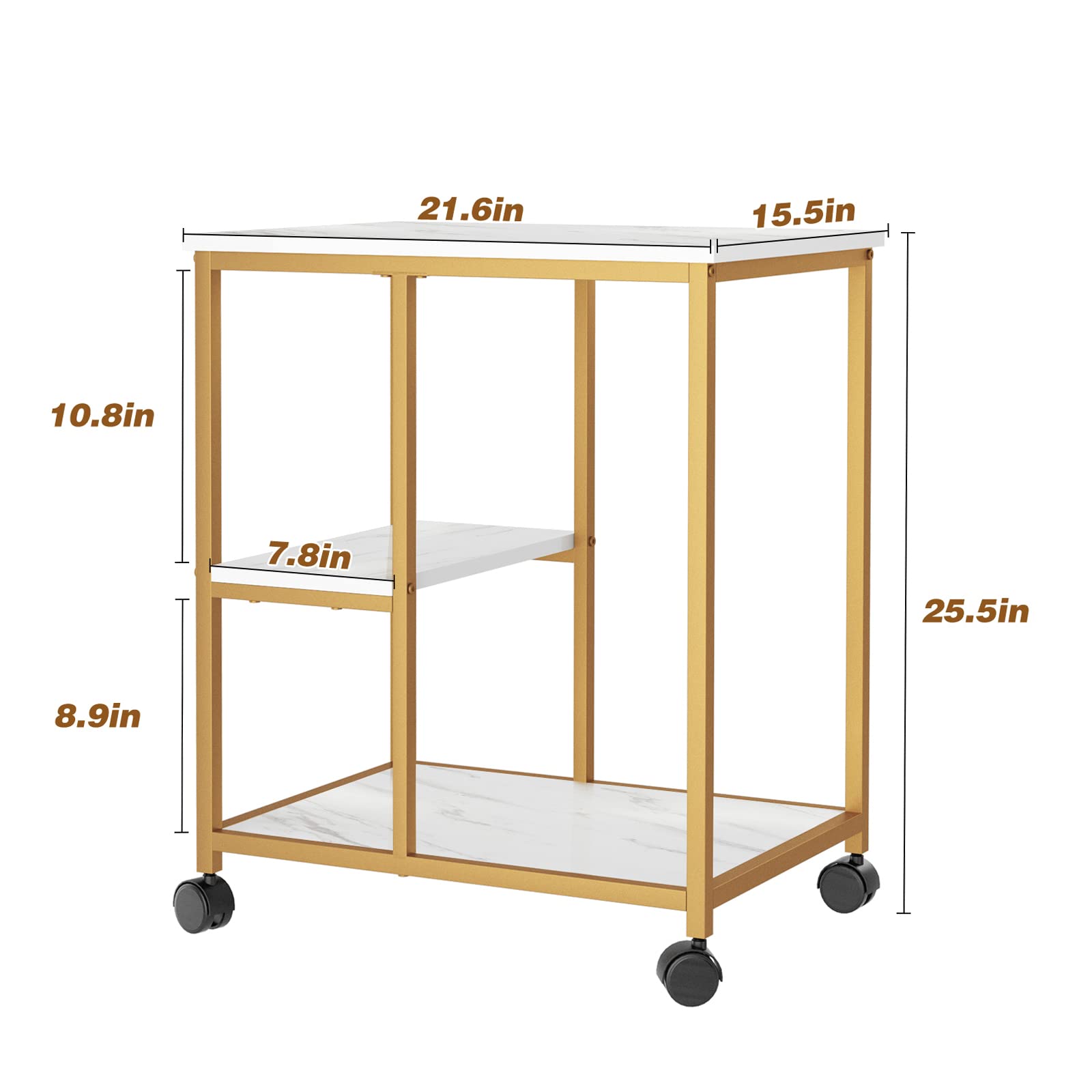 SogesHome Gold Bar Cart, Utility Bar Serving Cart Kitchen Island Rolling Cart on Wheels with Shelves for Living Room, Office, Coffee