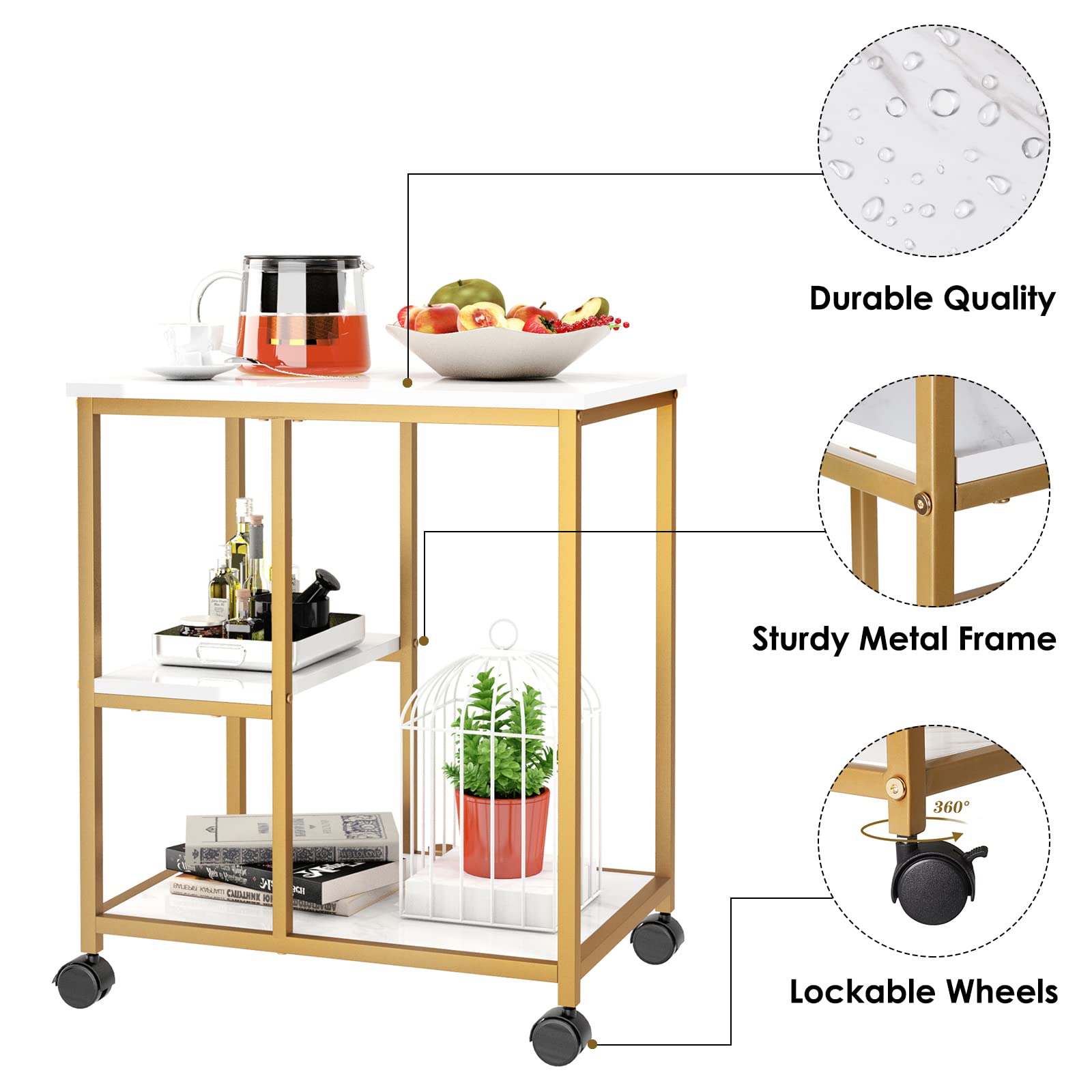 SogesHome Gold Bar Cart, Utility Bar Serving Cart Kitchen Island Rolling Cart on Wheels with Shelves for Living Room, Office, Coffee