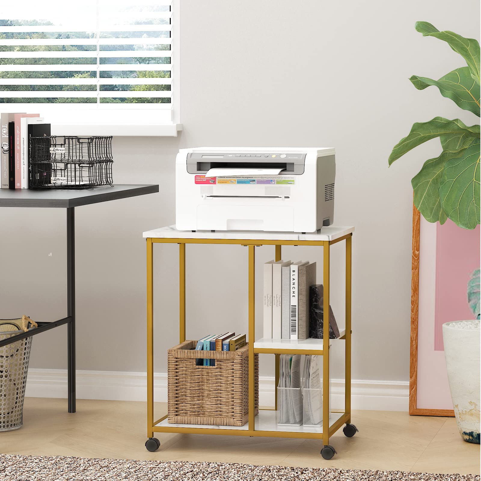 SogesHome Gold Bar Cart, Utility Bar Serving Cart Kitchen Island Rolling Cart on Wheels with Shelves for Living Room, Office, Coffee