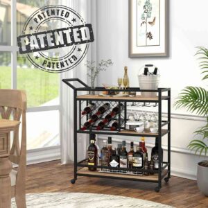 FATORRI Bar Cart for The Home, Industrial Rolling Wine Cart and Liquor Serving Carts on Wheels, Rustic Beverage Cart and Drink Trolley with Wine Rack and Glasses Holder (Rustic Oak)