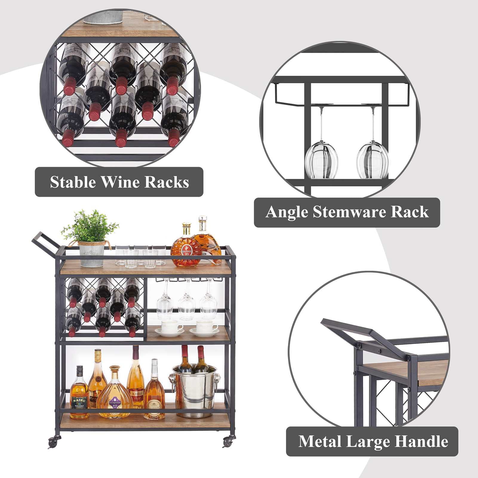 FATORRI Bar Cart for The Home, Industrial Rolling Wine Cart and Liquor Serving Carts on Wheels, Rustic Beverage Cart and Drink Trolley with Wine Rack and Glasses Holder (Rustic Oak)