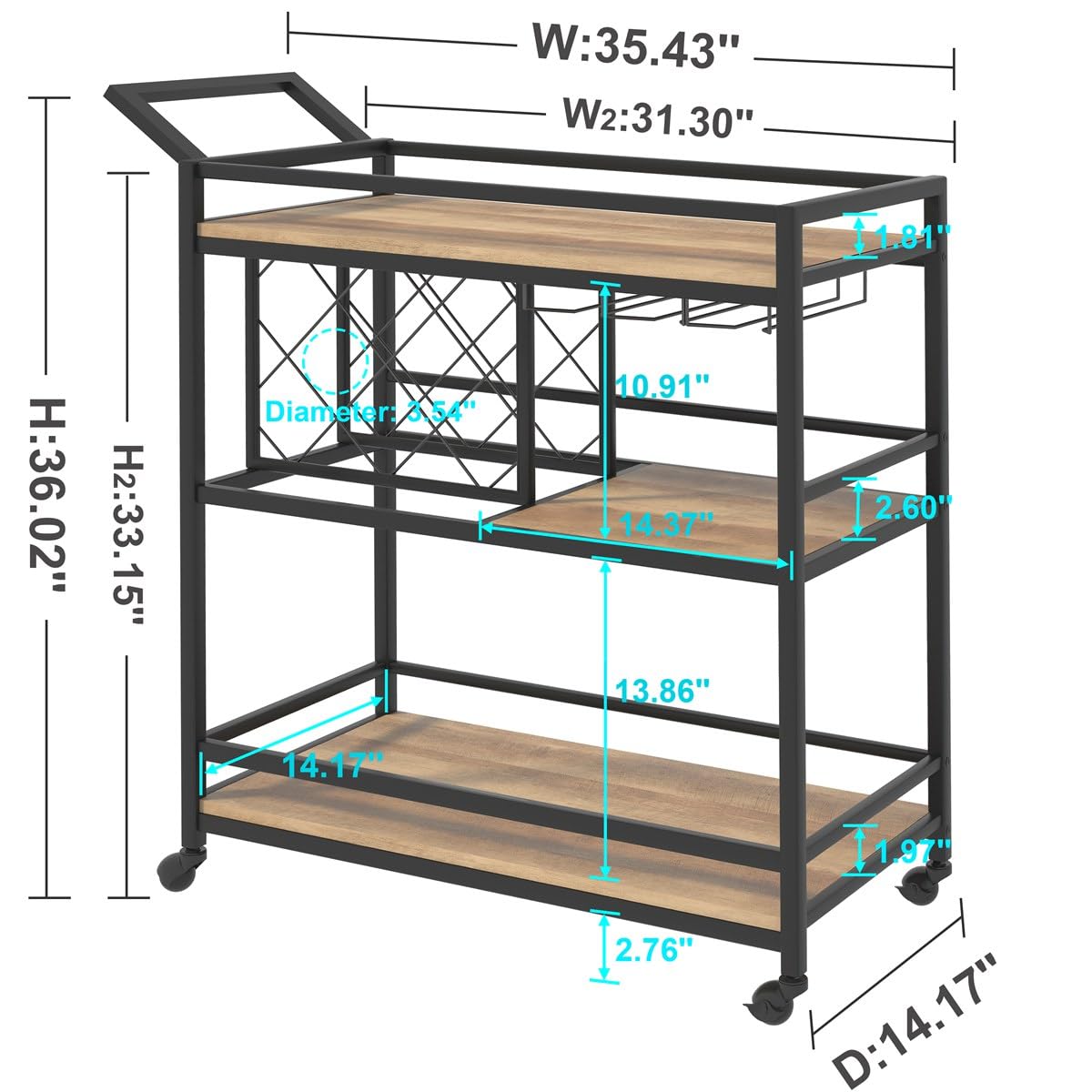 FATORRI Bar Cart for The Home, Industrial Rolling Wine Cart and Liquor Serving Carts on Wheels, Rustic Beverage Cart and Drink Trolley with Wine Rack and Glasses Holder (Rustic Oak)