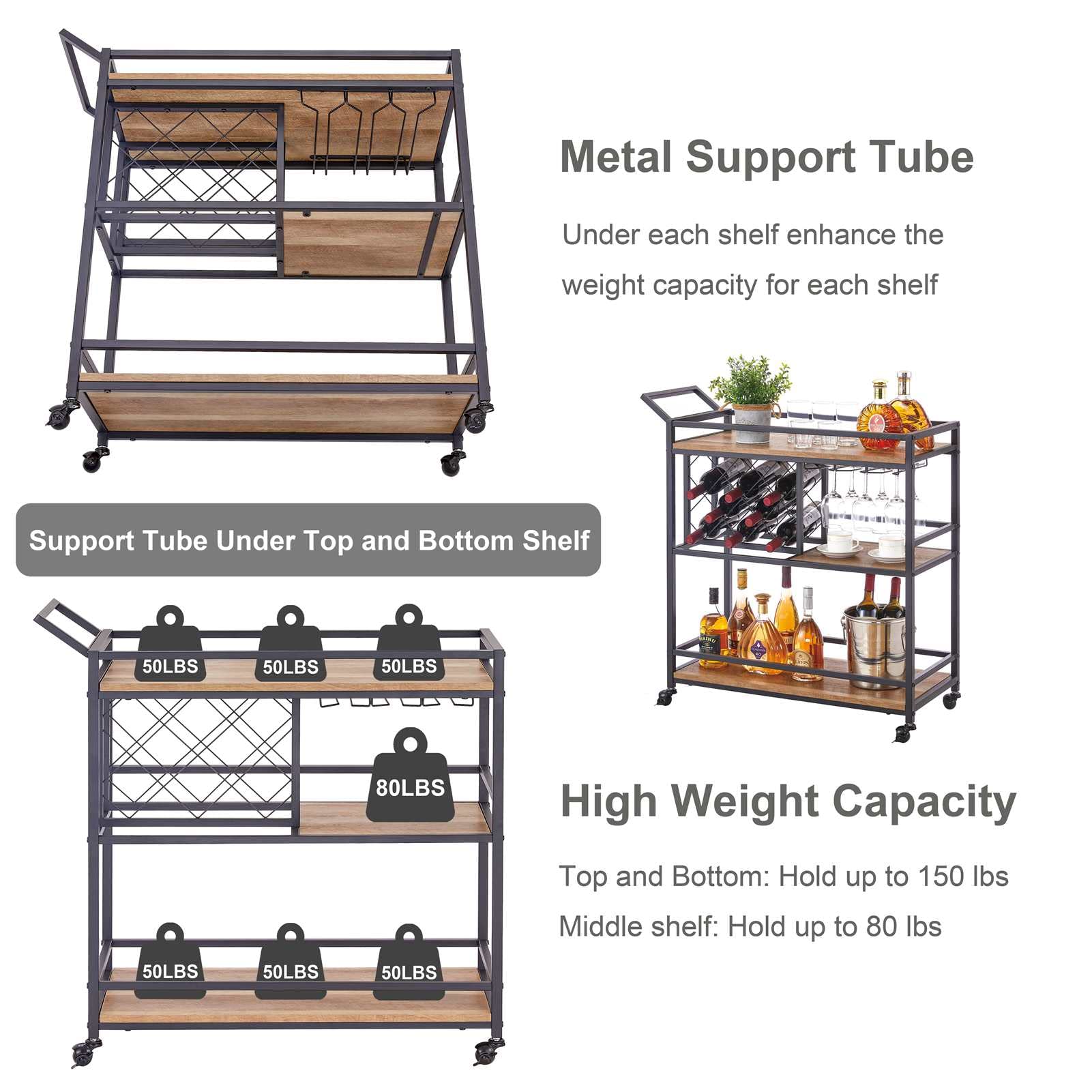 FATORRI Bar Cart for The Home, Industrial Rolling Wine Cart and Liquor Serving Carts on Wheels, Rustic Beverage Cart and Drink Trolley with Wine Rack and Glasses Holder (Rustic Oak)