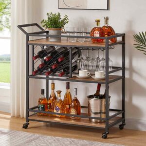 FATORRI Bar Cart for The Home, Industrial Rolling Wine Cart and Liquor Serving Carts on Wheels, Rustic Beverage Cart and Drink Trolley with Wine Rack and Glasses Holder (Rustic Oak)