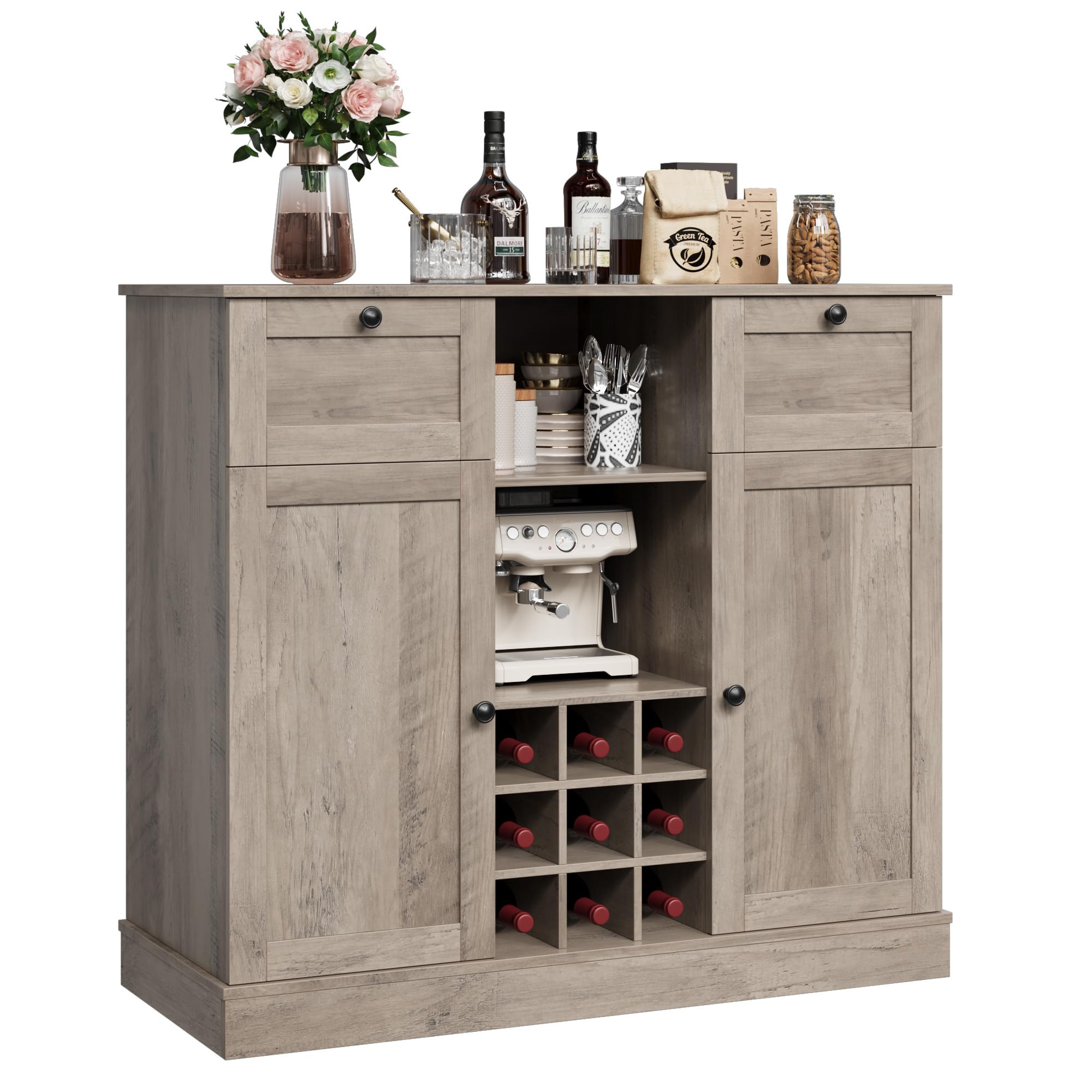 BOTLOG Coffee Bar Cabinet, 42.5" Buffet Cabinet with Storage, Sideboard Bar Cabinet with Wine Rack, Storage Shelves Coffee Bar Cupboard for Kitchen, Dining Room