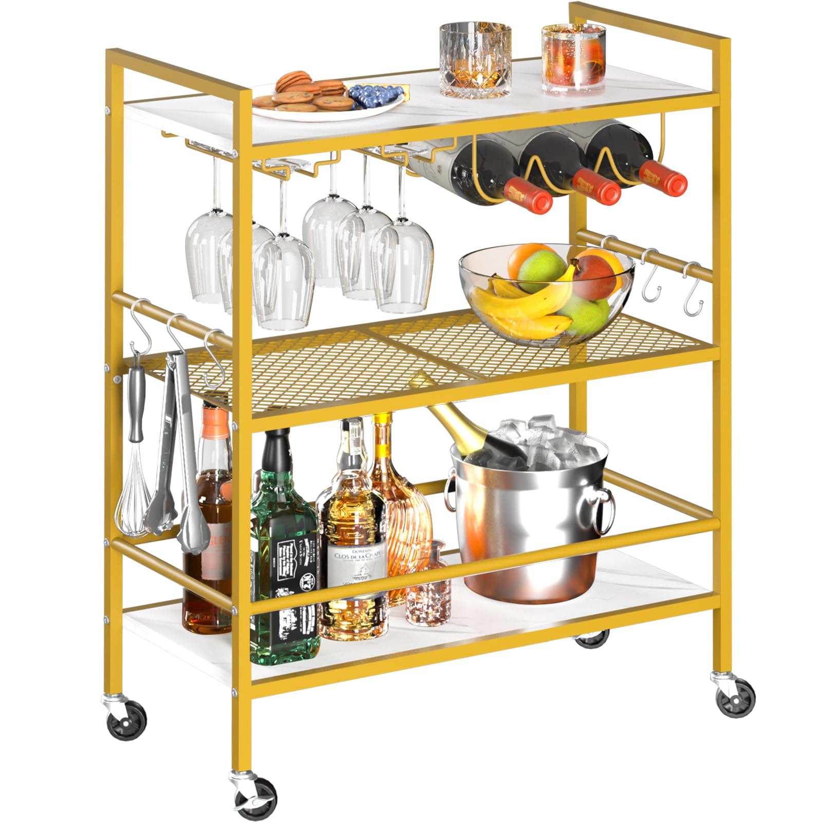 Yoobure Bar Cart with Wheels, Bar Carts for The Home, 3-Tier Rolling Kitchen Cart with Wine Rack and Glass Holder, Home Bar & Serving Carts with Hooks Wine Cart Microwave Cart for Kitchen Living Room