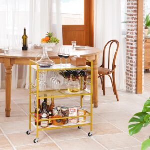 Yoobure Bar Cart with Wheels, Bar Carts for The Home, 3-Tier Rolling Kitchen Cart with Wine Rack and Glass Holder, Home Bar & Serving Carts with Hooks Wine Cart Microwave Cart for Kitchen Living Room