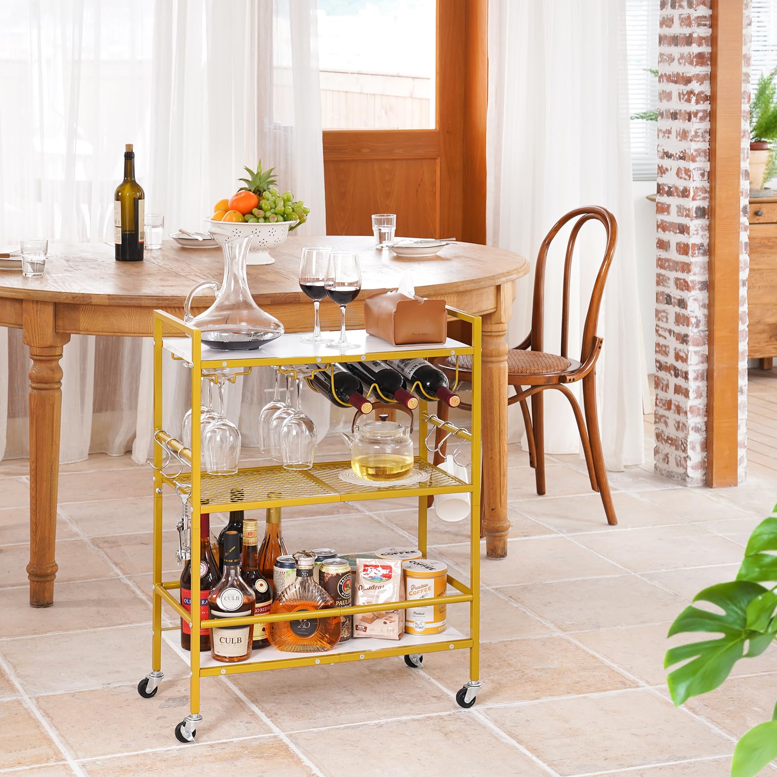 Yoobure Bar Cart with Wheels, Bar Carts for The Home, 3-Tier Rolling Kitchen Cart with Wine Rack and Glass Holder, Home Bar & Serving Carts with Hooks Wine Cart Microwave Cart for Kitchen Living Room