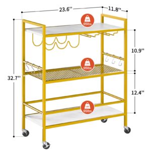 Yoobure Bar Cart with Wheels, Bar Carts for The Home, 3-Tier Rolling Kitchen Cart with Wine Rack and Glass Holder, Home Bar & Serving Carts with Hooks Wine Cart Microwave Cart for Kitchen Living Room