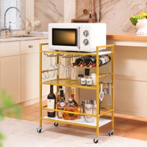 Yoobure Bar Cart with Wheels, Bar Carts for The Home, 3-Tier Rolling Kitchen Cart with Wine Rack and Glass Holder, Home Bar & Serving Carts with Hooks Wine Cart Microwave Cart for Kitchen Living Room