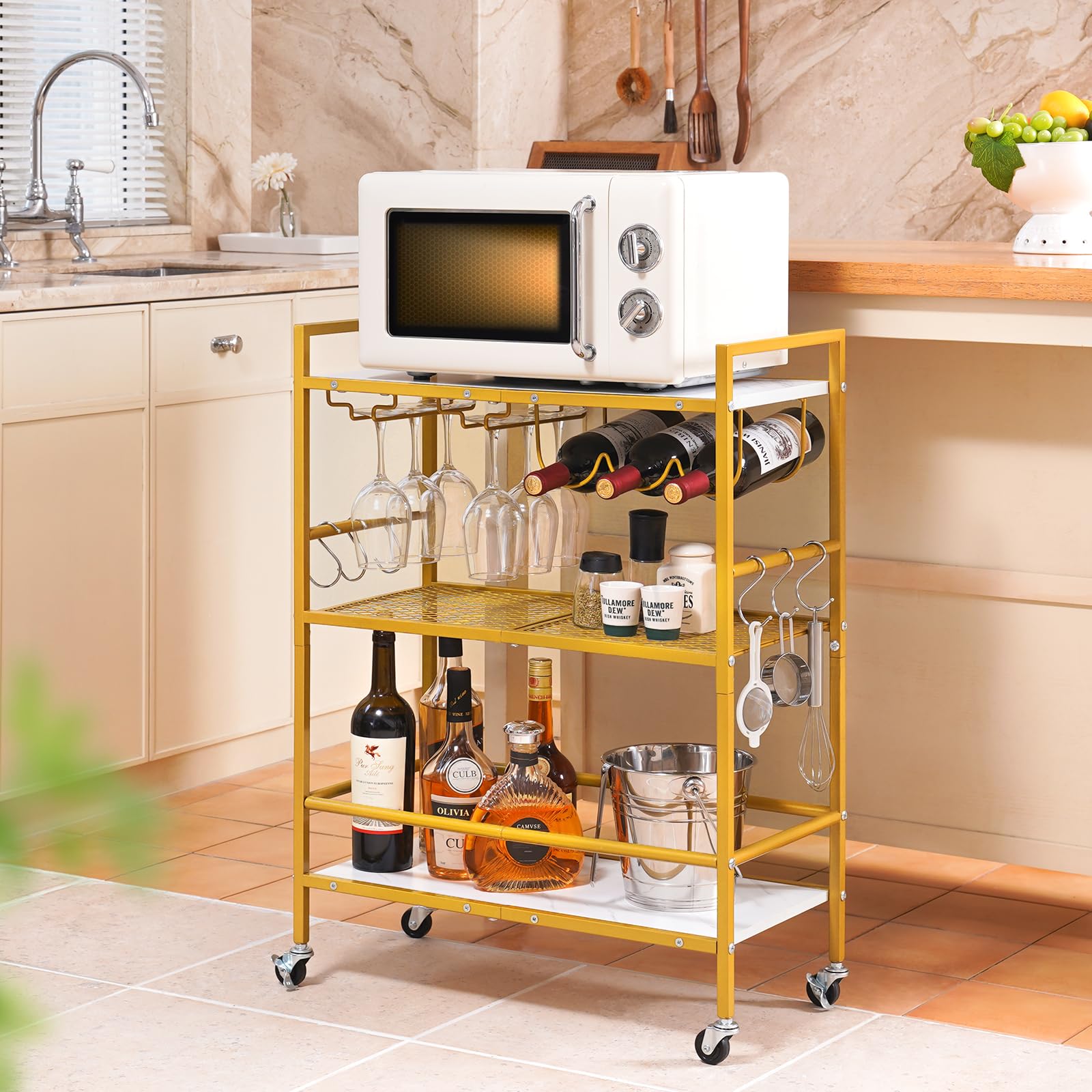 Yoobure Bar Cart with Wheels, Bar Carts for The Home, 3-Tier Rolling Kitchen Cart with Wine Rack and Glass Holder, Home Bar & Serving Carts with Hooks Wine Cart Microwave Cart for Kitchen Living Room