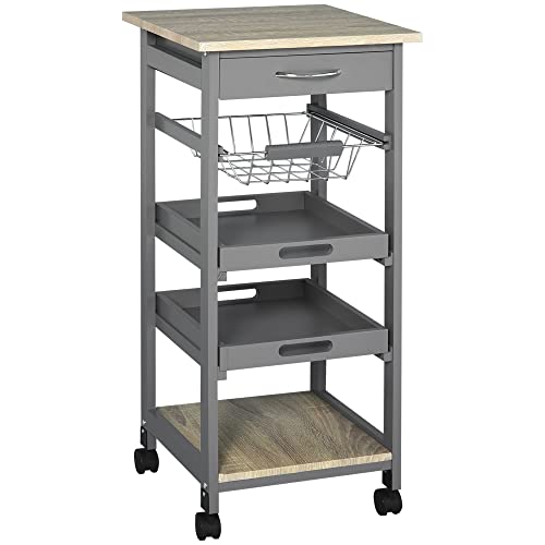 HOMCOM Mobile Rolling Kitchen Island Trolley Serving Cart with Underneath Drawer & Slide-Out Wire Storage Basket, Grey